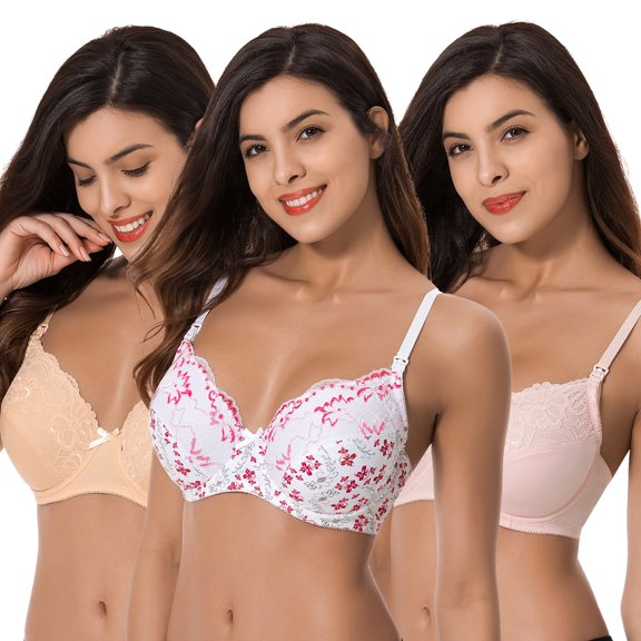 Curve Muse Plus Size Nursing Underwire Bra with drop-down cups (Pack of 3)-WHITE PRINT,NUDE,PINK-44D