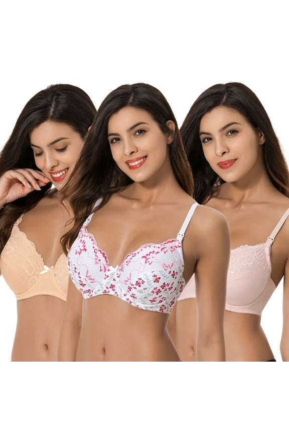 Plus Size Nursing Underwire Bra with drop-down cups (Pack of 3)-WHITE PRINT,NUDE,PINK-44D