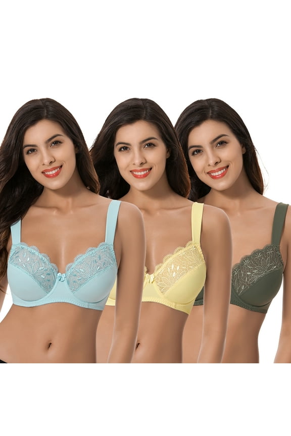 Plus Size Unlined Minimizer Underwire Bra with Embroidery Lace-3 Pack-YELLOW,HUNTER GREEN,LIGHT BLUE-44C
