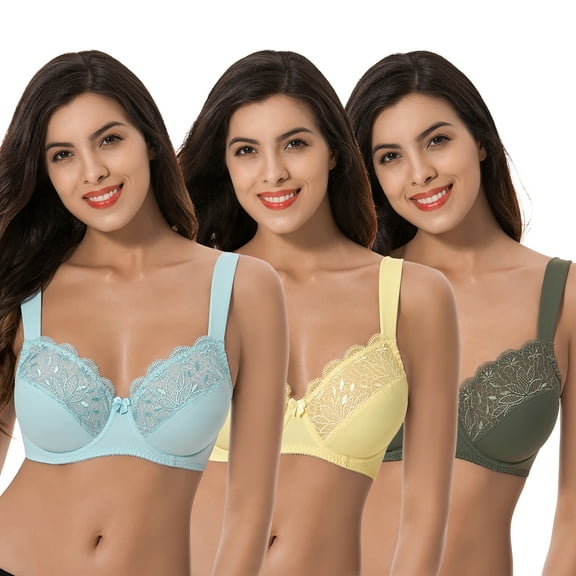 Curve Muse Plus Size Unlined Minimizer Underwire Bra with Embroidery Lace-3 Pack-YELLOW,HUNTER GREEN,LIGHT BLUE-44C