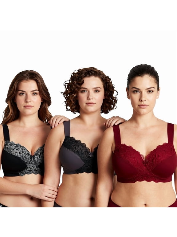Plus Size Unlined Minimizer Wirefree Bras with Embroidery Lace-3Pack-Grey,Burgundy,Black-34C
