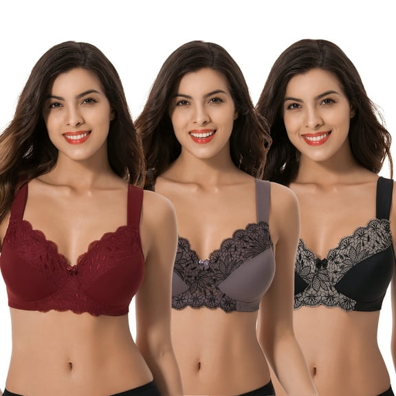 Curve Muse Plus Size Unlined Minimizer Wirefree Bras with Embroidery Lace-3Pack--BURGUNDY,BLACK,GREY-36DDD