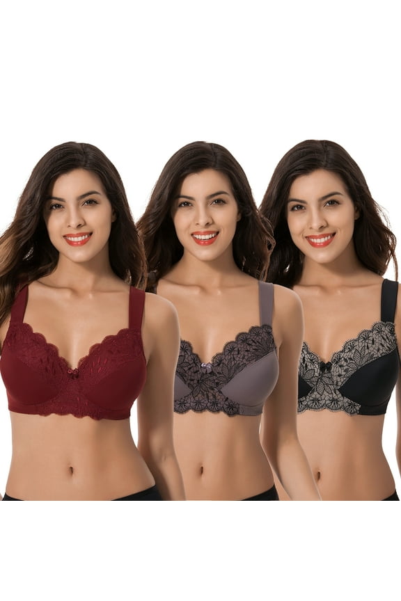 Plus Size Unlined Minimizer Wirefree Bras with Embroidery Lace-3Pack--BURGUNDY,BLACK,GREY-48DDD