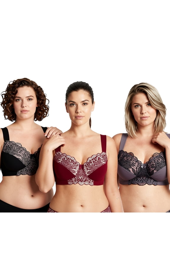 Plus Size Unlined Minimizer Wirefree Bras with Embroidery Lace-3Pack-Black,Grey,Burgundy-34DD