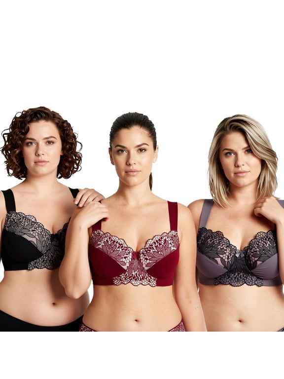 Plus Size Unlined Minimizer Wirefree Bras with Embroidery Lace-3Pack-Black,Grey,Burgundy-34D