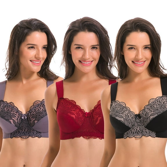 Curve Muse Plus Size Unlined Minimizer Wirefree Bras with Embroidery Lace-3Pack-Black,Grey,Burgundy-38DD