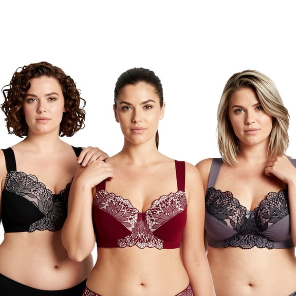 Curve Muse Plus Size Unlined Minimizer Wirefree Bras with Embroidery Lace-3Pack-GREY-BURGUNDY-BLACK-34DDD