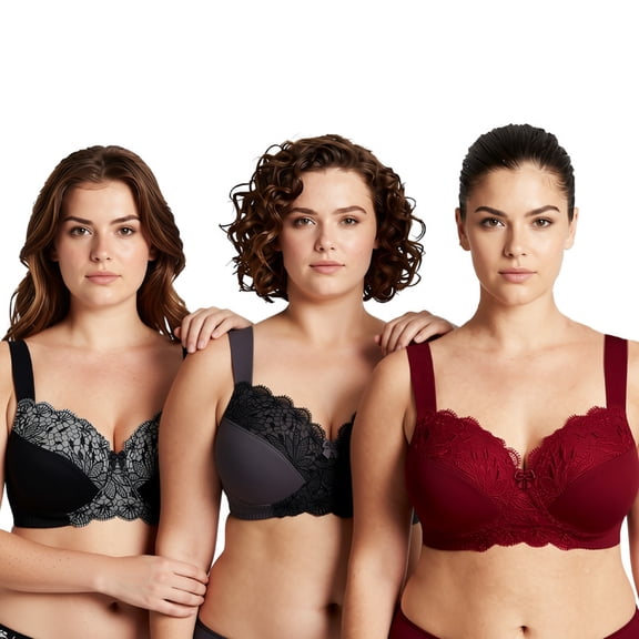 Curve Muse Plus Size Unlined Minimizer Wirefree Bras with Embroidery Lace-3Pack-Grey,Burgundy,Black-34D