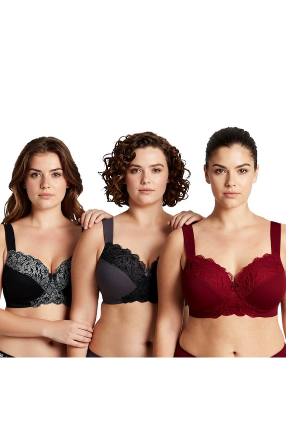 Plus Size Unlined Minimizer Wirefree Bras with Embroidery Lace-3Pack-Grey,Burgundy,Black-34D