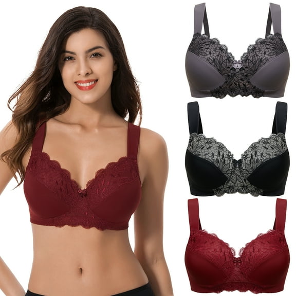 Curve Muse Plus Size Unlined Minimizer Wirefree Bras with Embroidery Lace-3Pack-Grey,Burgundy,Black-40C