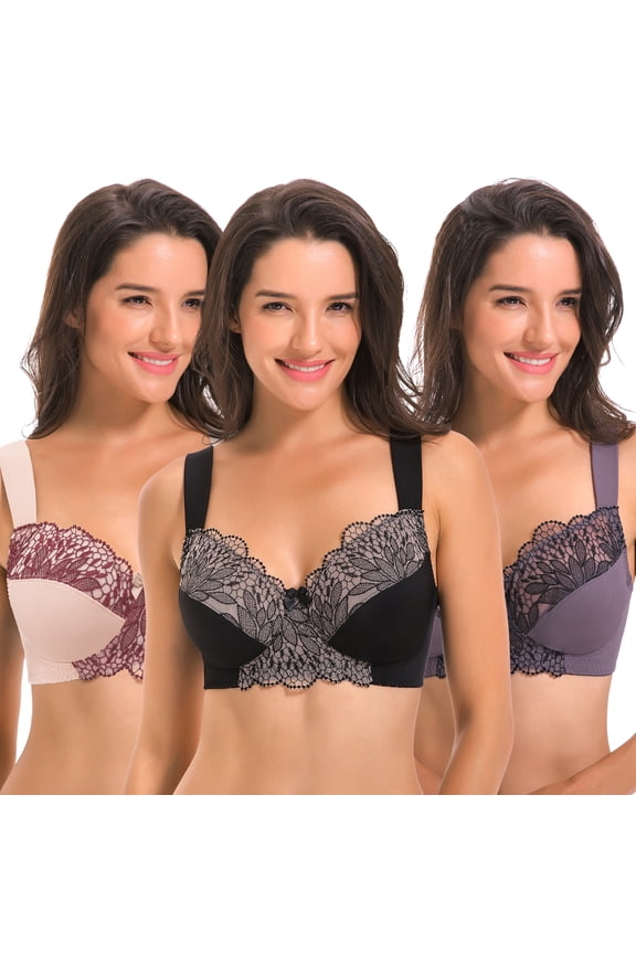 Plus Size Unlined Minimizer Wirefree Bras with Embroidery Lace-3Pack-Grey,Pink,Black-46C