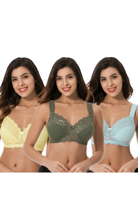 Plus Size Unlined Minimizer Wirefree Bras with Embroidery Lace-3Pack-HUNTER GREEN,YELLOW,LIGHT BLUE-36DDD