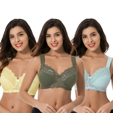 Curve Muse Plus Size Unlined Minimizer Wirefree Bras with Embroidery Lace-3Pack-HUNTER GREEN,YELLOW,LIGHT BLUE-40C