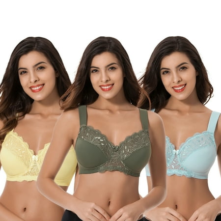 Curve Muse Plus Size Unlined Minimizer Wirefree Bras with Embroidery Lace-3Pack-HUNTER GREEN,YELLOW,LIGHT BLUE-48DD