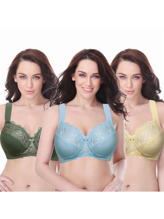 Plus Size Unlined Minimizer Wirefree Bras with Embroidery Lace-3Pack-Light Blue,Hunter Green,Yellow-34DDDD