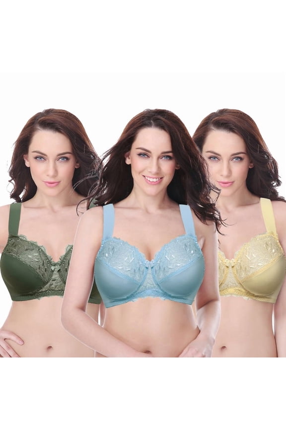 Plus Size Unlined Minimizer Wirefree Bras with Embroidery Lace-3Pack-Light Blue,Hunter Green,Yellow-38DD