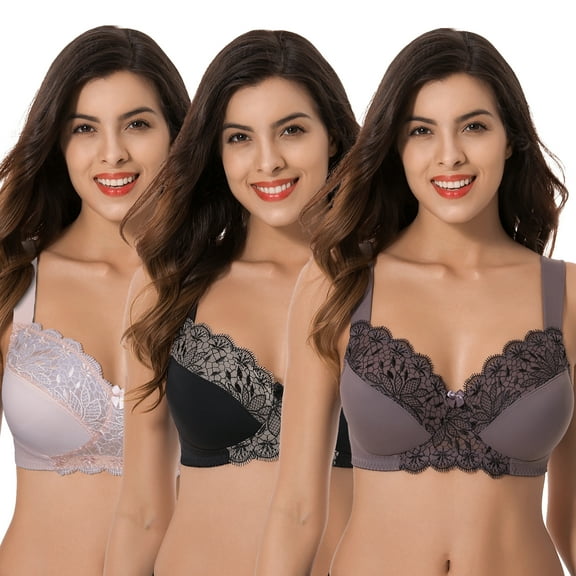 Curve Muse Plus Size Unlined Minimizer Wirefree Bras with Embroidery Lace-3Pack-PINK,BLACK,GRAY-34C