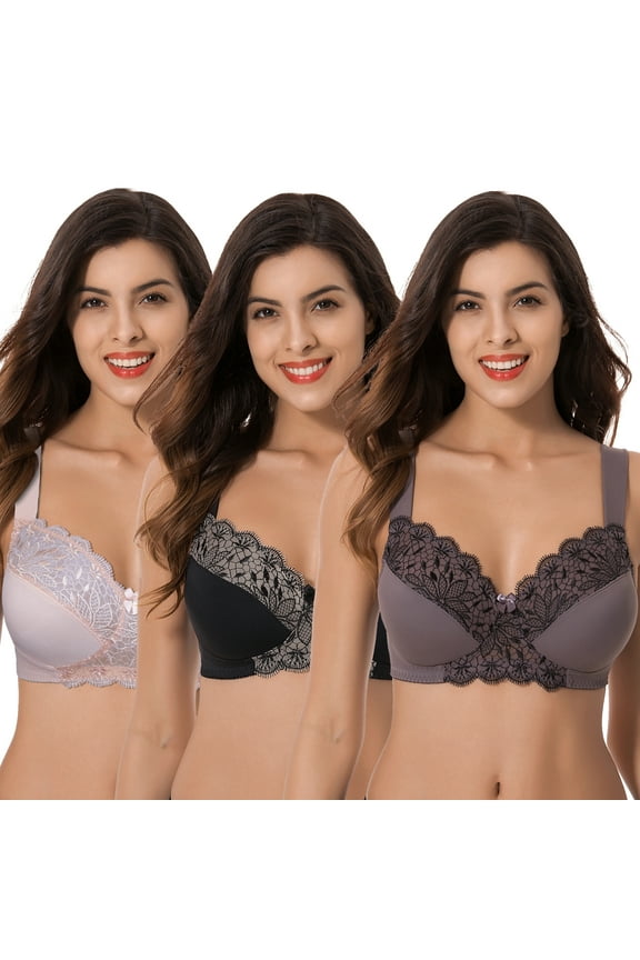 Plus Size Unlined Minimizer Wirefree Bras with Embroidery Lace-3Pack-PINK,BLACK,GRAY-34C