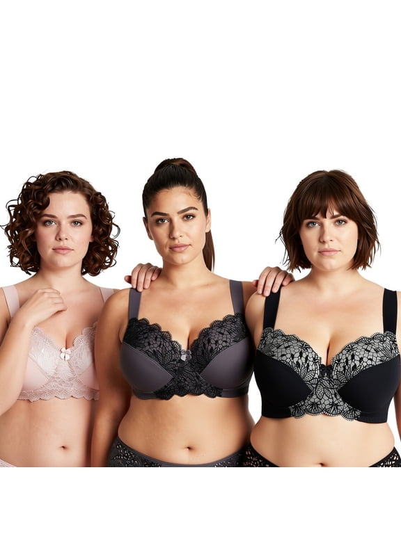Plus Size Unlined Minimizer Wirefree Bras with Embroidery Lace-3Pack-PINK,BLACK,GRAY-34DDDD
