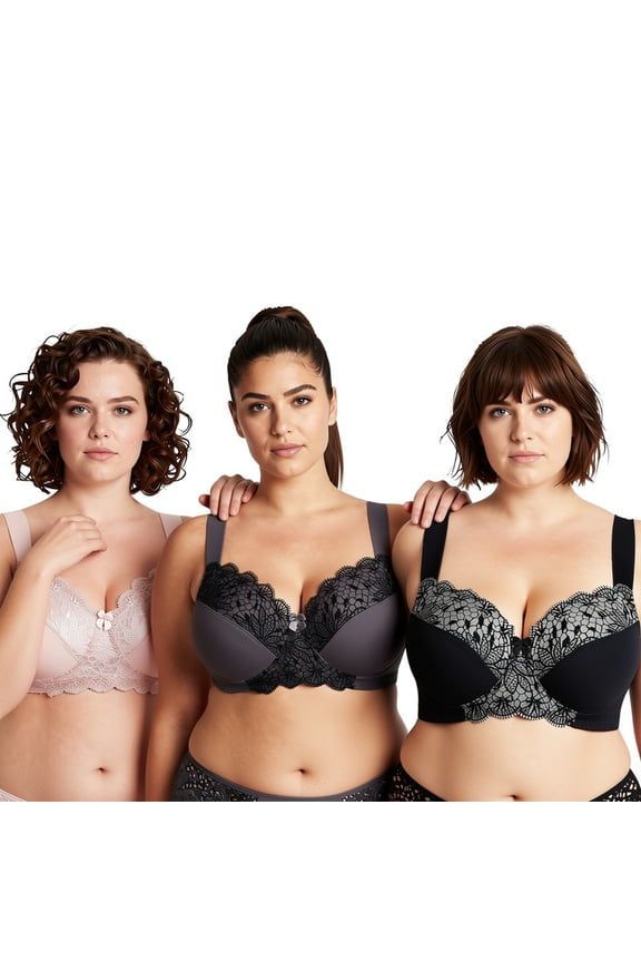 Plus Size Unlined Minimizer Wirefree Bras with Embroidery Lace-3Pack-PINK,BLACK,GRAY-34DDDD