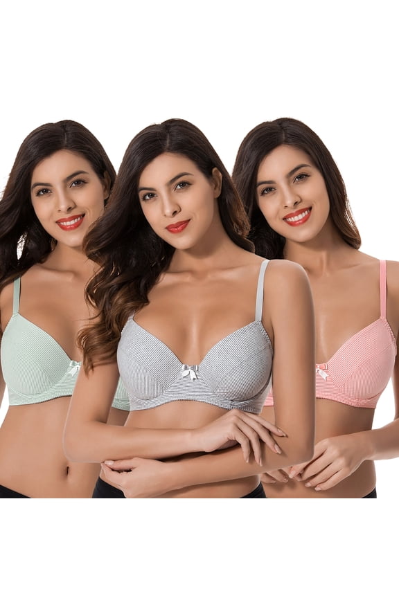 Plus Size Womens Cotton Unlined Balconette Underwire Bras-3 Pack-GRAY,LIGHT PINK,LIGHT GREEN-46DDD