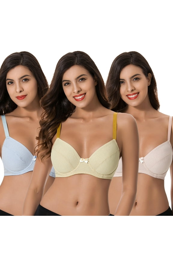 Plus Size Womens Cotton Unlined Balconette Underwire Bras-3 Pack-YELLOW,LIGHT PINK,LIGHT BLUE-44DDD