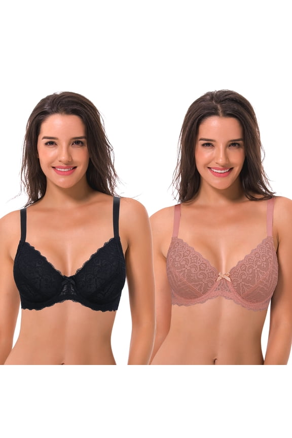 Semi-Sheer Balconette Underwire Lace Bra and Scalloped Hems (2 Pack)-BLACK,ROSE-40DDD