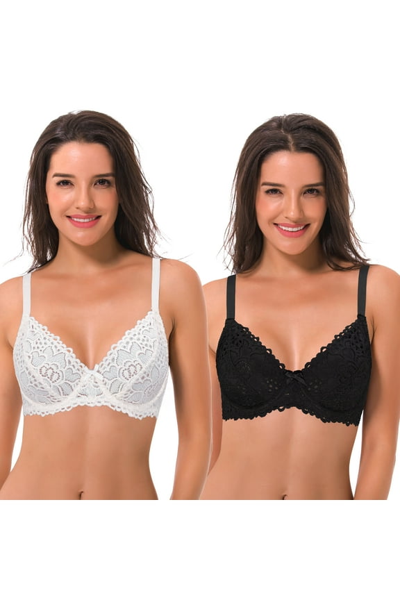 Semi-Sheer Balconette Underwire Lace Bra and Scalloped Hems (2 Pack)-Black,Cream-38DDD
