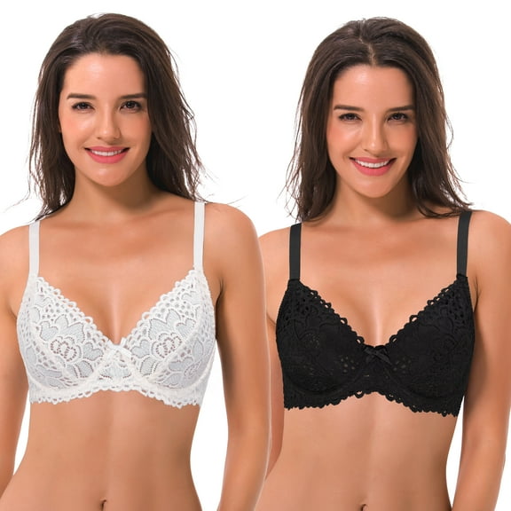 Curve Muse Semi-Sheer Balconette Underwire Lace Bra and Scalloped Hems (2 Pack)-Black,Cream-40DDD