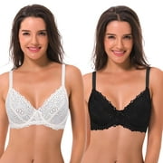 Curve Muse Semi-Sheer Balconette Underwire Lace Bra and Scalloped Hems (2 Pack)-Black,Cream-40D