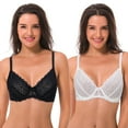 thumbnail image 1 of Curve Muse Semi-Sheer Balconette Underwire Lace Bra and Scalloped Hems (2 Pack)-White,Black-42C, 1 of 6