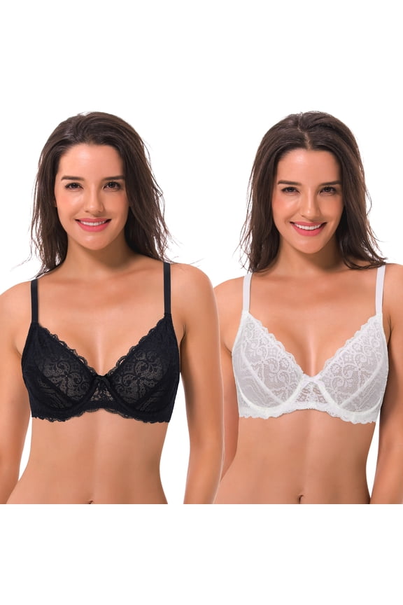 Semi-Sheer Balconette Underwire Lace Bra and Scalloped Hems (2 Pack)-White,Black-42DDD