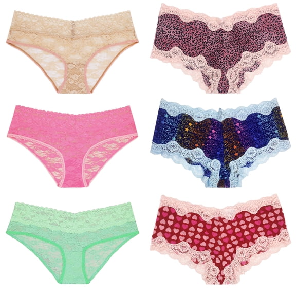 Curve Muse Sexy Sheer Lace Bikini Panties Pack of 6 Assorted Colors Women Underwear-PACKF-S/5