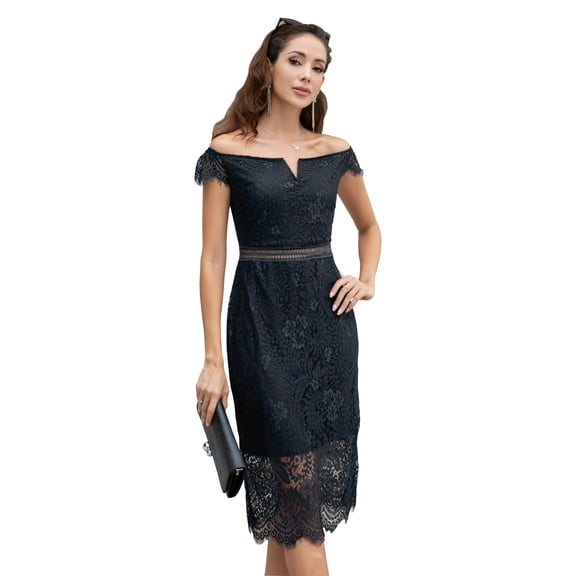 Curve Muse Women Classic Elegant Floral Lace Off Shoulder Bodycon Midi Dresses-Black-XL