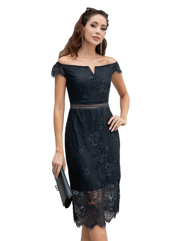 Women Classic Elegant Floral Lace Off Shoulder Bodycon Midi Dresses-Black-XL