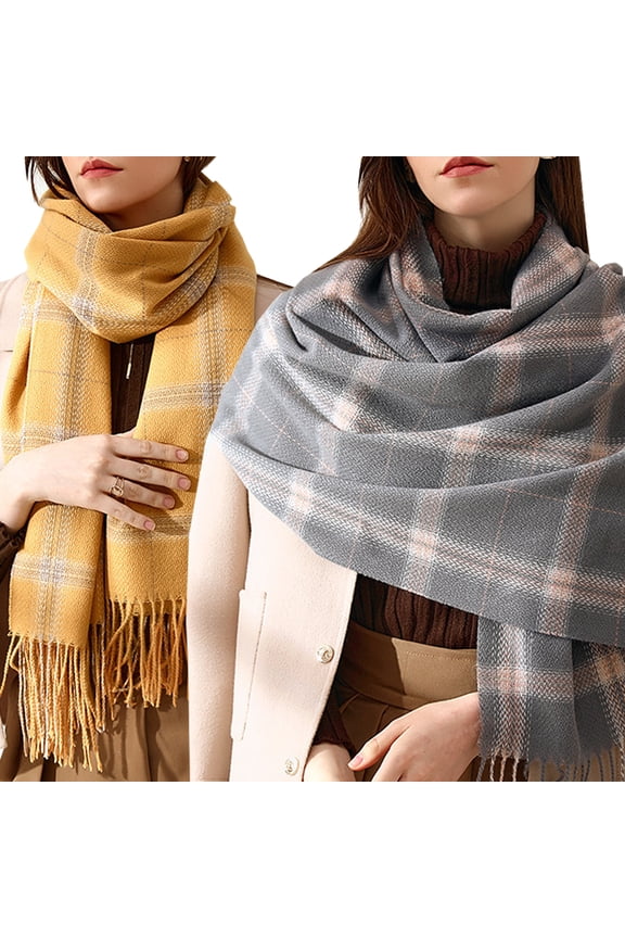 Women Fashion Long Shawl Winter Warm Lattice Large Scarf With Tassel-2 Pack-Pack A