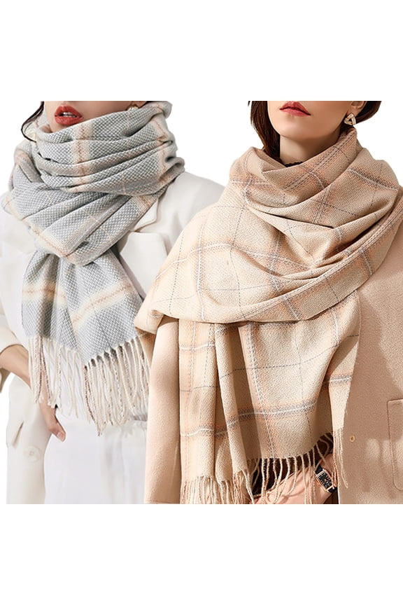 Women Fashion Long Shawl Winter Warm Lattice Large Scarf With Tassel-2 Pack-Pack B