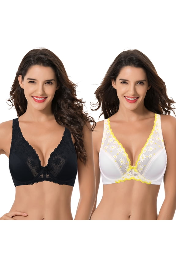 Women Plus Size Minimizer Underwire Unlined Bra with Embroidery Mesh-2pack-Black,Cream-40C