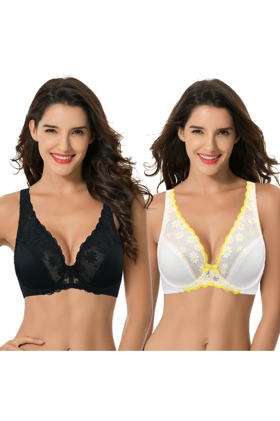 Women Plus Size Minimizer Underwire Unlined Bra with Embroidery Mesh-2pack-Black,Cream-46DDD