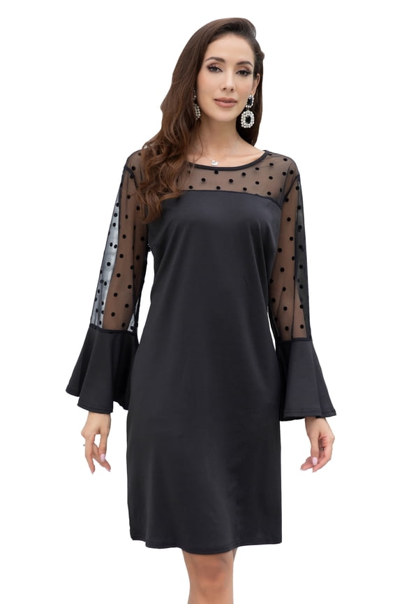 Women Plus Size Polka Dot Mesh Sheer Stretchy Bodycon Dress-Black-L