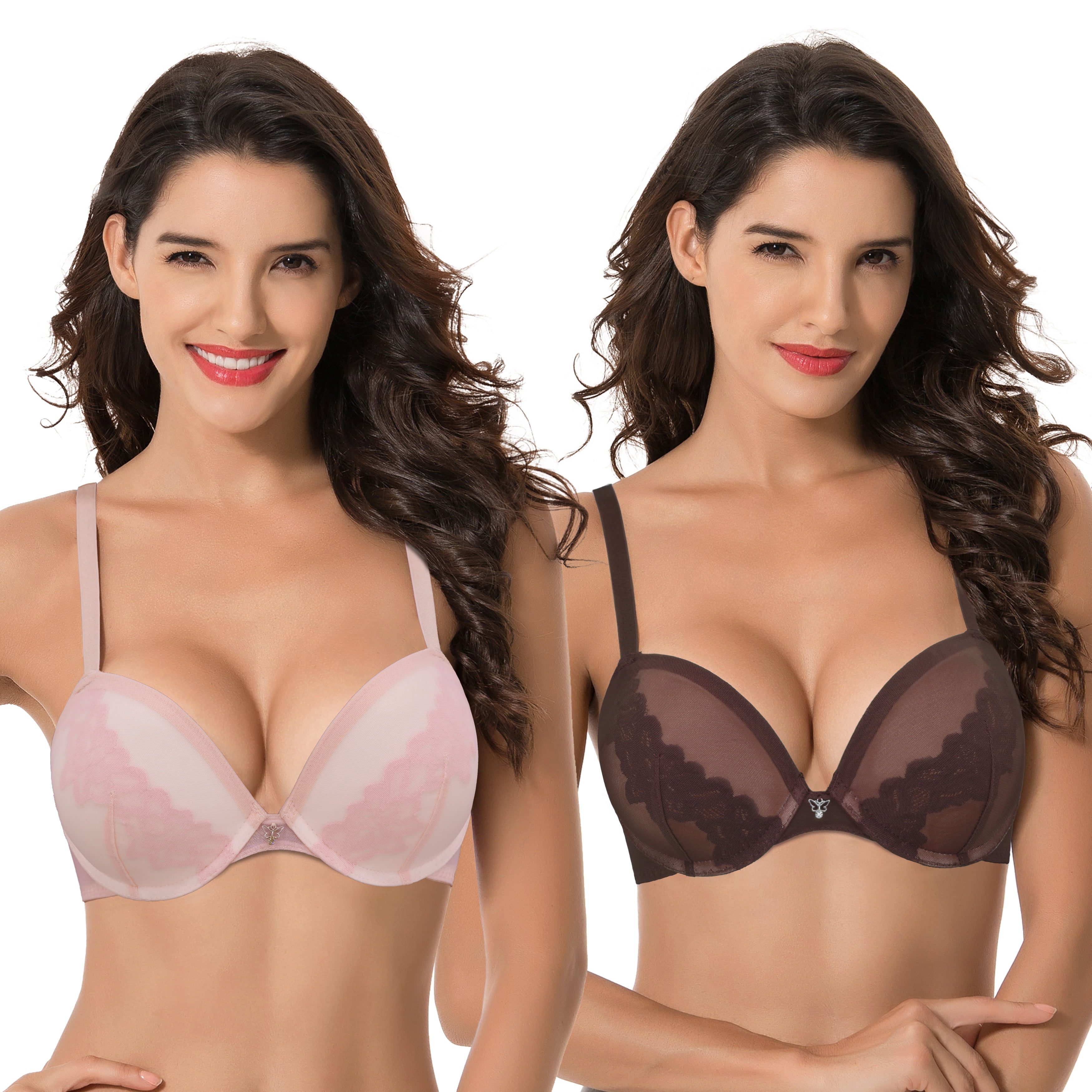 Curve Muse Women's Underwire Plus Size Push Up Add 1 and a Half Cup Lace  Bras-2PK-PINK,Yellow-46DD