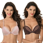 Curve Muse Women Plus Size Underwire Add 1 and a Half Cup Push Up Lace Mesh Bra-2PK-Lt Pink,Brown-48DD
