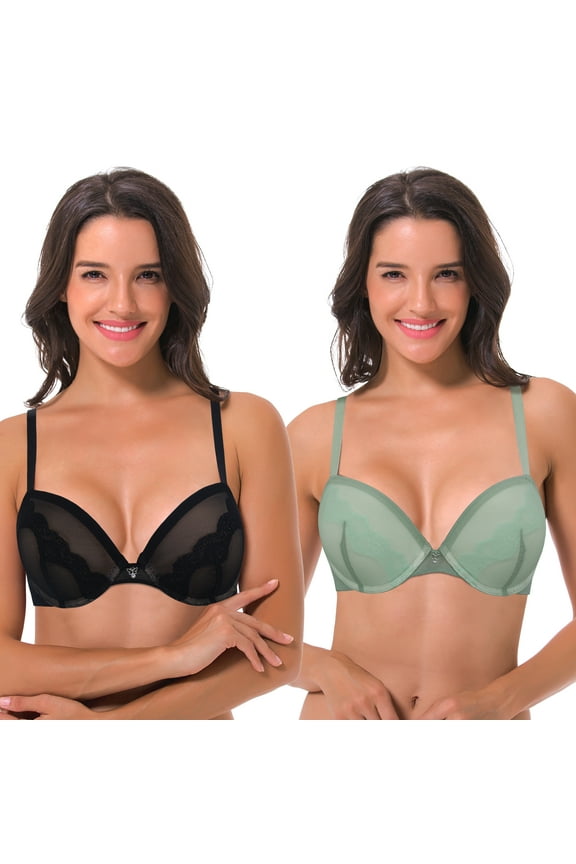Women Plus Size Underwire Add 1 and a Half Cup Push Up Lace Mesh Bra-2PK-Sage,Black-42C