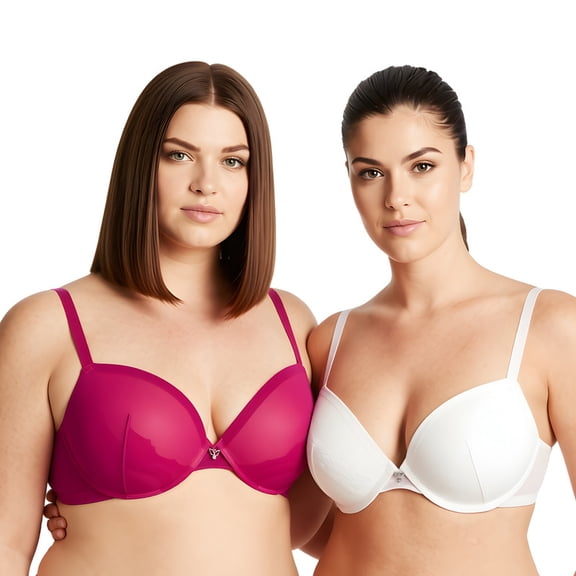 Curve Muse Women Plus Size Underwire Add 1 and a Half Cup Push Up Lace Mesh Bra-2PK-White,Fushia-34C