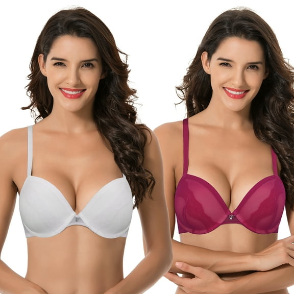 Curve Muse Women Plus Size Underwire Add 1 and a Half Cup Push Up Lace Mesh Bra-2PK-White,Fushia-34C