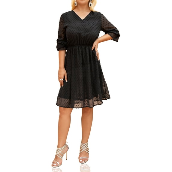 Curve Muse Women Polka Dot V-Neck Ruched Sheer Mesh Long Sleeve Flowy Dress-Black-S