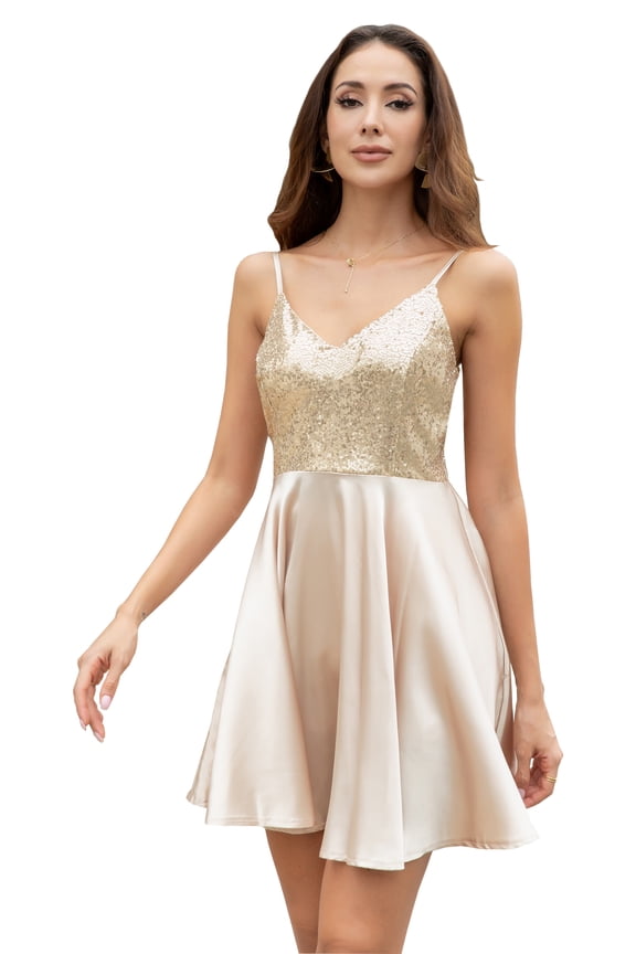 Women Sequin Deep V Neck Spaghetti Strap Bareback Mini Party Dress-Champagne Color-XL