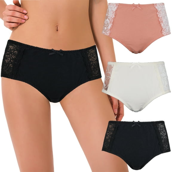 Curve Muse Women’s 100% Cotton Forming Brief Panties with Lace Embroidery-3 Pack-Black,Coral,Cream-XL