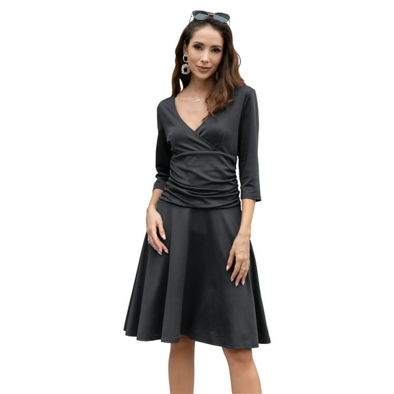 Curve Muse Women's 3/4 Sleeve V Neck Ruched Waist A-line Midi Dress-Black-L