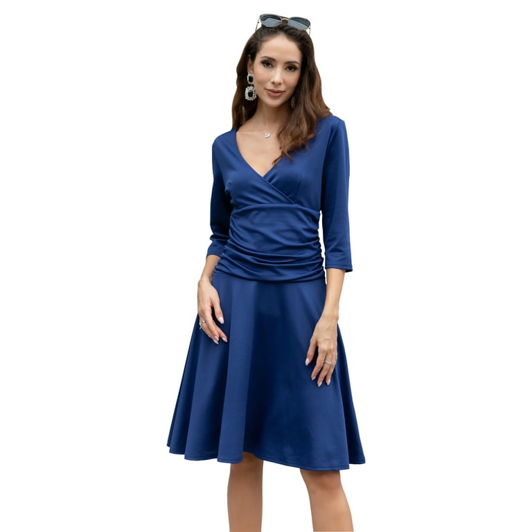 Curve Muse Women s 3 4 Sleeve V Neck Ruched Waist A line Midi Dress Navy M Walmart